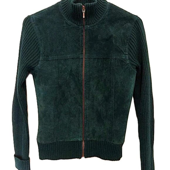 Vintage 90s Sweater Leather Jacket Green Knit and Suede Size Small - Picture 8 of 8